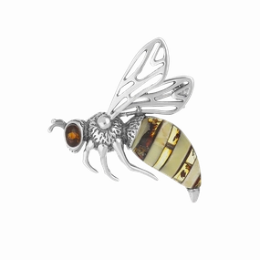 Sterling Silver Baltic Amber Filigree Wings Bee Brooch