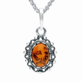Sterling Silver Baltic Amber Framed Oval Necklace