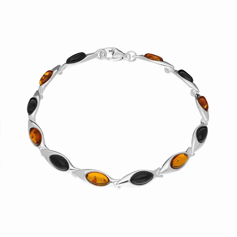Sterling Silver Baltic Amber Whitby Jet Marquise Link Bracelet