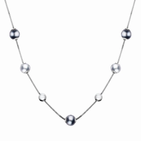 Sterling Silver Black Grey Pearl Five Stone Bead Necklace