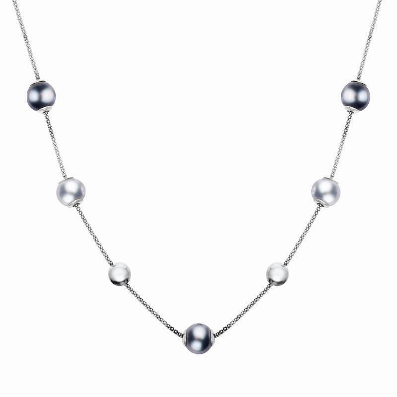 Sterling Silver Black Grey Pearl Five Stone Bead Necklace