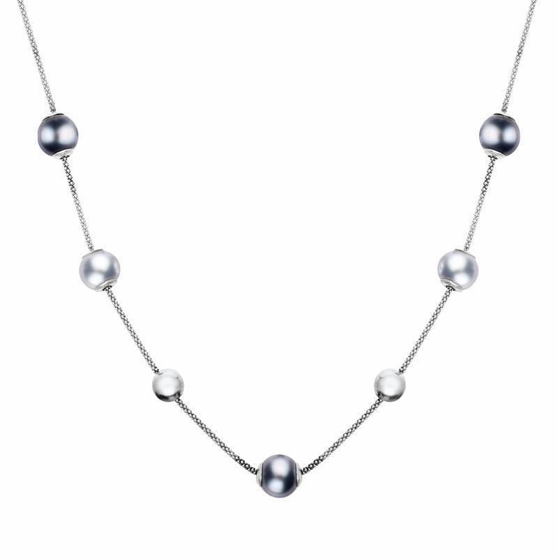 Sterling Silver Black Grey Pearl Five Stone Bead Necklace