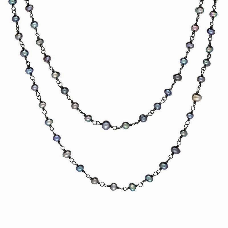 Sterling Silver Black Pearl Bead Chain Link Necklace