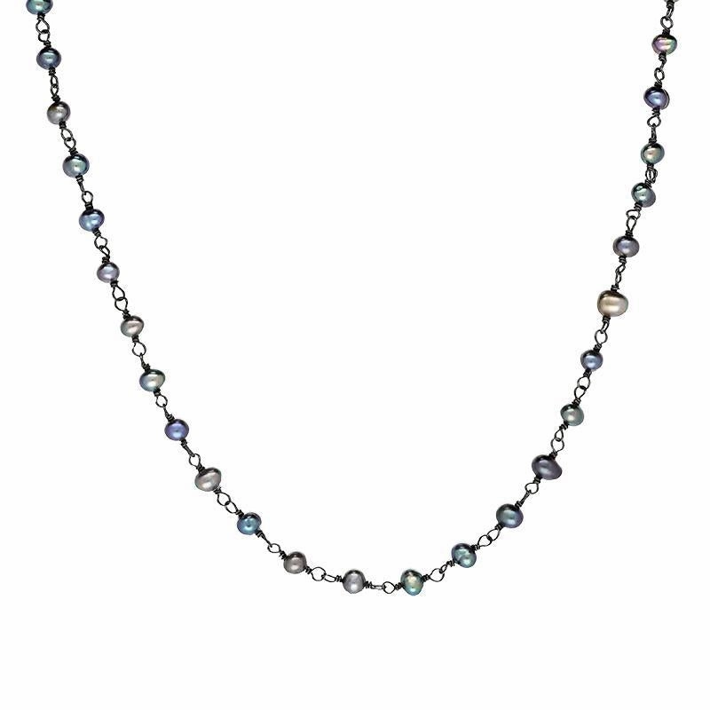 Sterling Silver Black Pearl Bead Chain Link Necklace