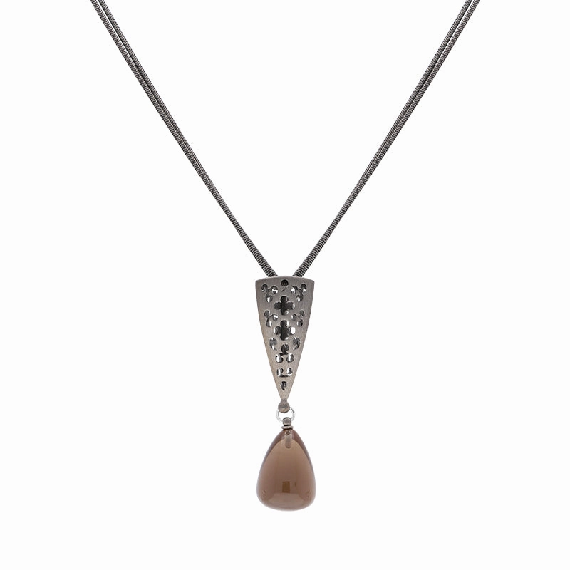 Sterling Silver Black Rhodium Smokey Quartz Dropper Necklace D