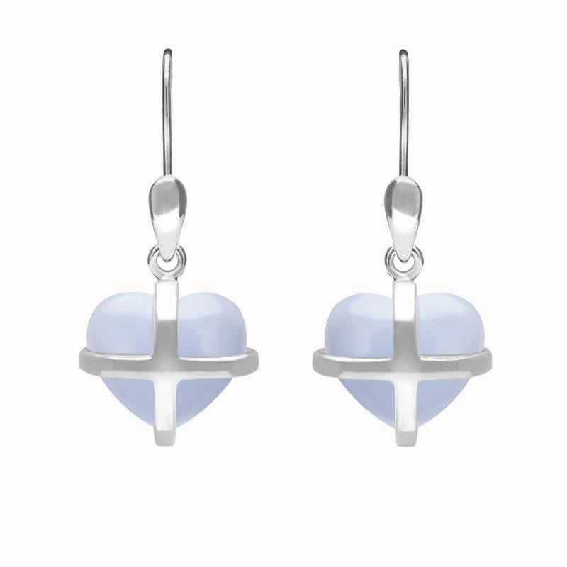 Sterling Silver Blue Chalcedony Small Cross Heart Drop Earrings