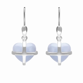 Sterling Silver Blue Chalcedony Small Cross Heart Drop Earrings