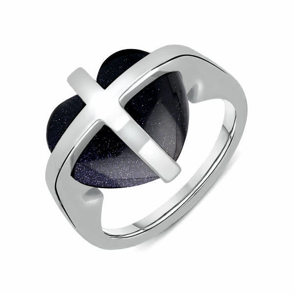 Sterling Silver Blue Goldstone Cross Heart Ring