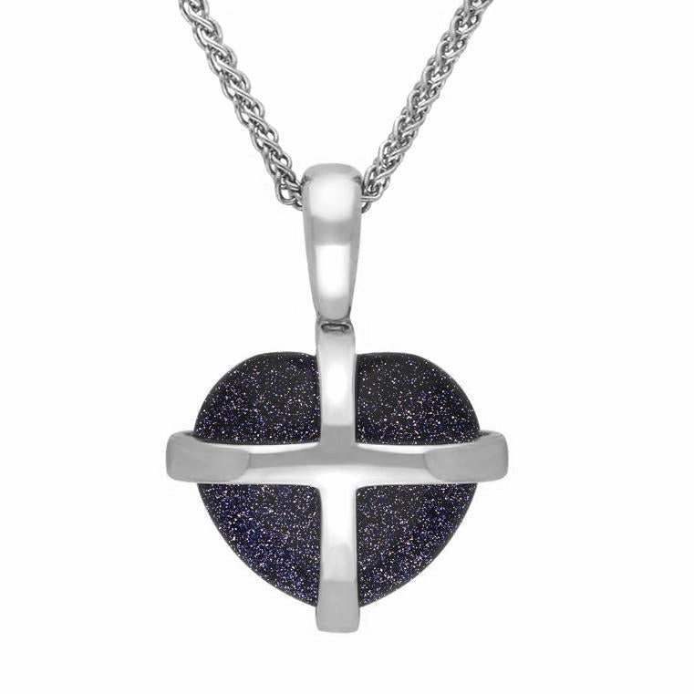 Sterling Silver Blue Goldstone Small Cross Heart Necklace