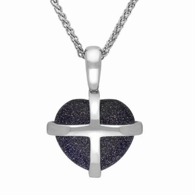 Sterling Silver Blue Goldstone Small Cross Heart Necklace