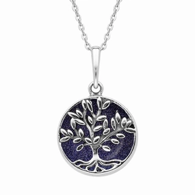 Sterling Silver Blue Goldstone Small Round Large Leaves Tree of Life Necklace