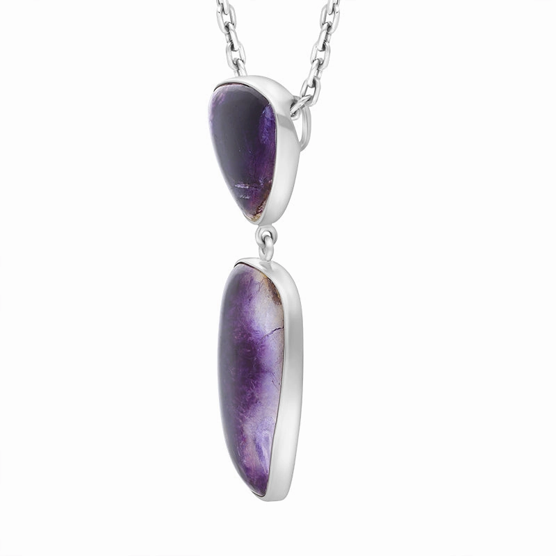 Sterling Silver Blue John Abstract Oval Two Stone Drop Necklace D
