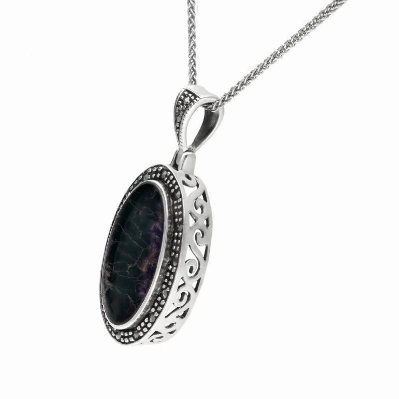 Sterling Silver Blue John and Marcasite Framed Oval Necklace