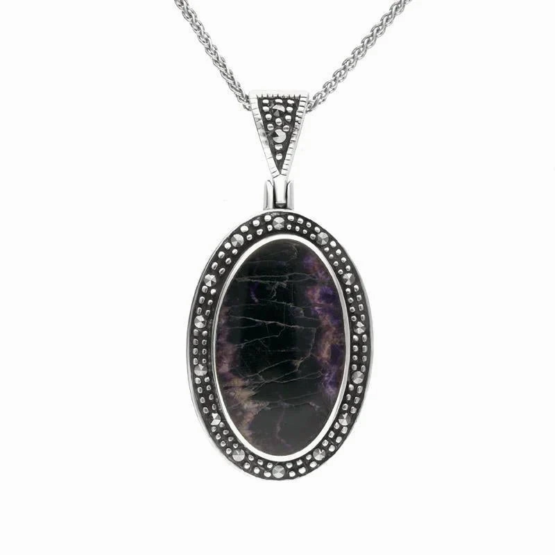 Sterling Silver Blue John and Marcasite Framed Oval Necklace