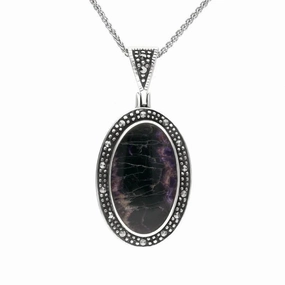 Sterling Silver Blue John and Marcasite Framed Oval Necklace