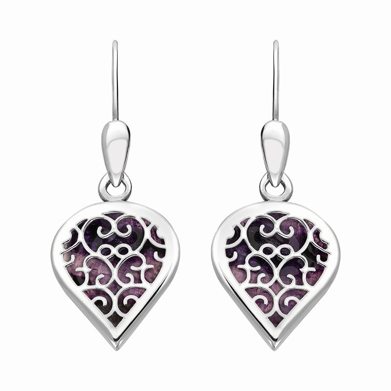 Sterling Silver Blue John Flore Filigree Heart Drop Earrings