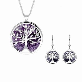 Sterling Silver Blue John Large Round Tree of Life Two Piece Set