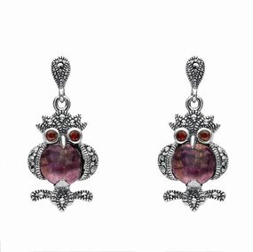 Sterling Silver Blue John Marcasite and Garnet Owl Drop Earrings