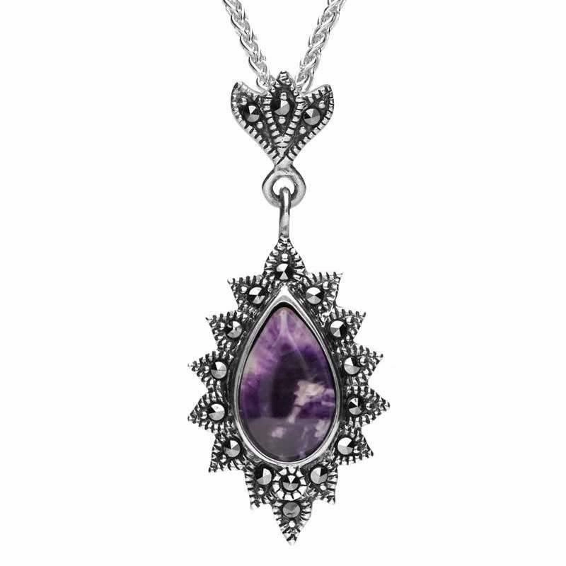 Sterling Silver Blue John Marcasite Beaded Edge Pear Necklace