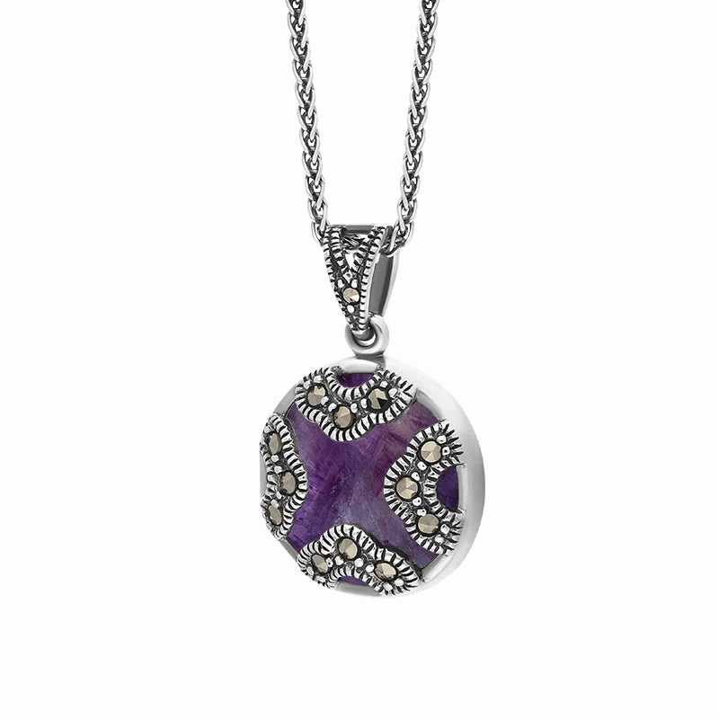 Sterling Silver Blue John Marcasite Four Arc Necklace