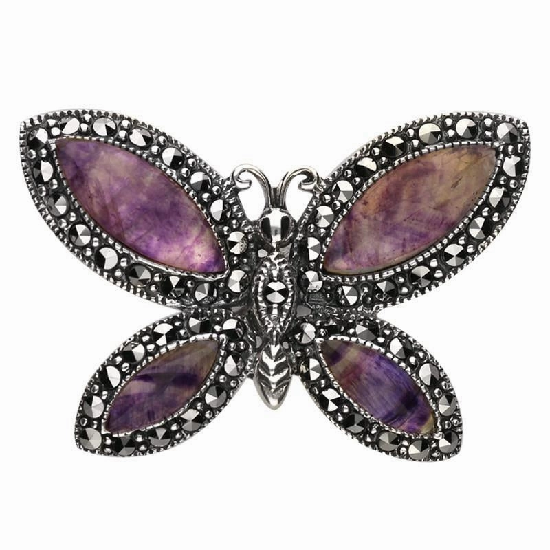 Sterling Silver Blue John Marcasite Four Stone Style & Fashion Butterfly Brooch