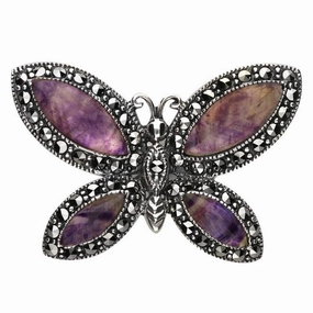 Sterling Silver Blue John Marcasite Four Stone Style & Fashion Butterfly Brooch
