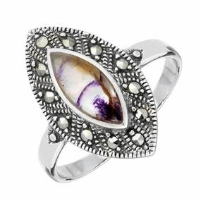 Sterling Silver Blue John Marcasite Marquise Beaded Edge Ring