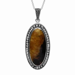 Sterling Silver Blue John Marcasite Oval Bead Edge Necklace