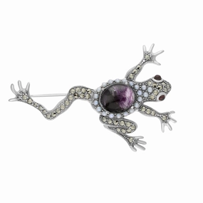 Sterling Silver Blue John Marcasite Pearl Frog Brooch