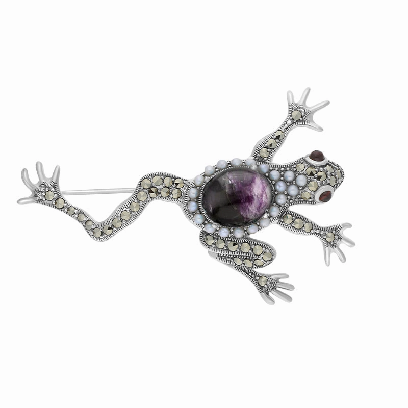 Sterling Silver Blue John Marcasite Pearl Frog Brooch