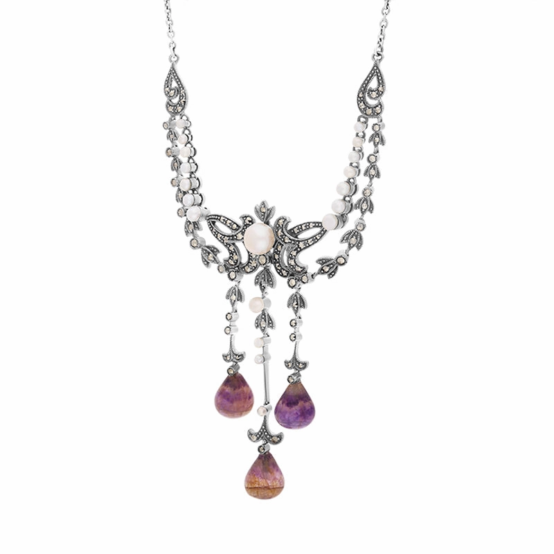 Sterling Silver Blue John Marcasite Pearl Triple Drop Necklace