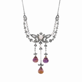 Sterling Silver Blue John Marcasite Pearl Triple Drop Necklace