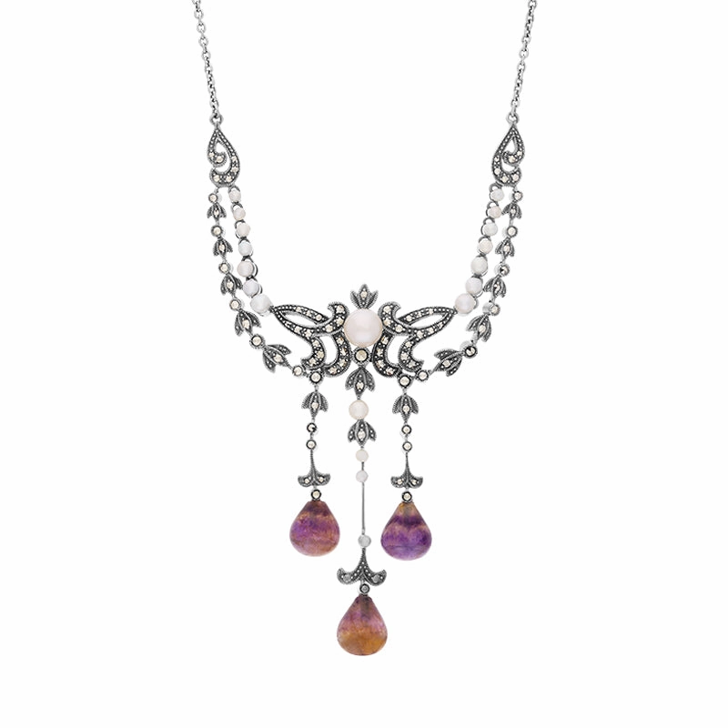 Sterling Silver Blue John Marcasite Pearl Triple Drop Necklace