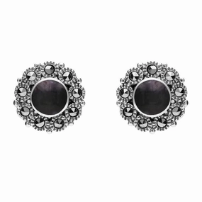 Sterling Silver Blue John Marcasite Round Stud Earrings