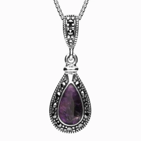 Sterling Silver Blue John Marcasite Small Beaded Pear Necklace