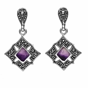 Sterling Silver Blue John Marcasite Square Drop Stud Earrings