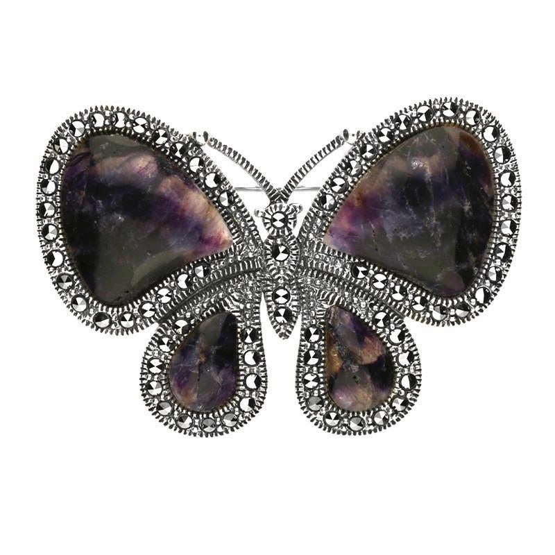 Sterling Silver Blue John Marcasite Style & Fashion Butterfly Brooch