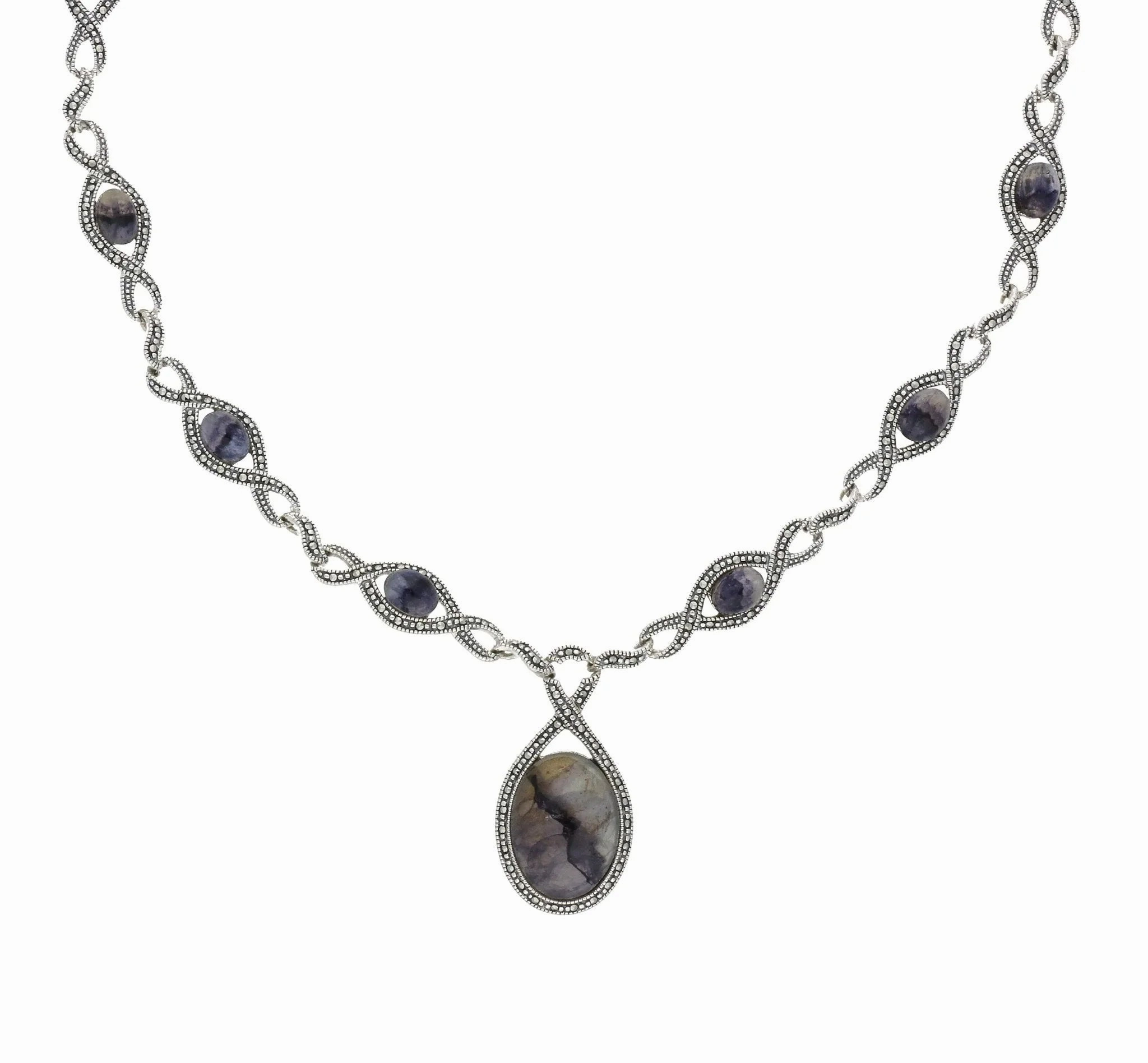 Sterling Silver Blue John Marcasite Thirteen Stone Twist Link Necklace
