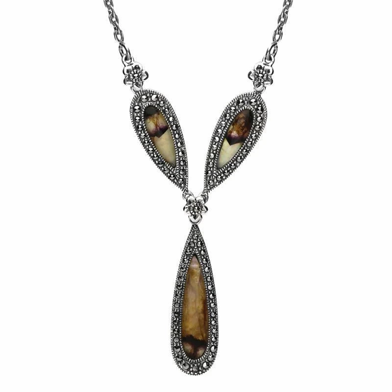 Sterling Silver Blue John Marcasite Three Pear Drop Necklace