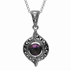 Sterling Silver Blue John Marcasite Twisted Round Pendant Necklace