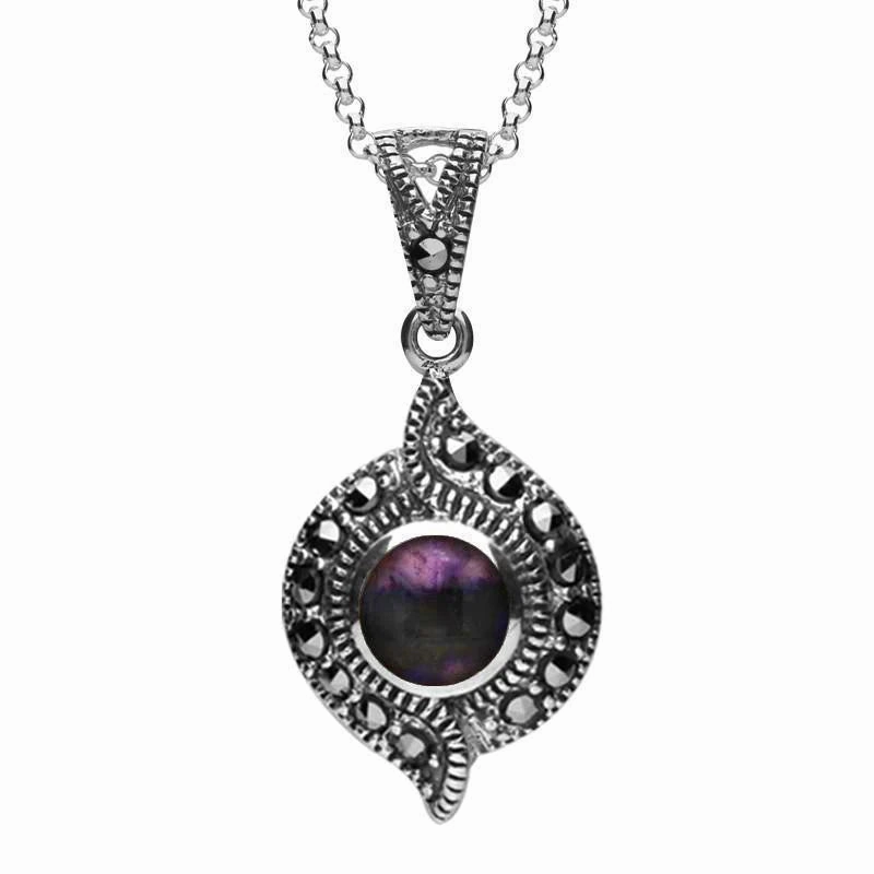 Sterling Silver Blue John Marcasite Twisted Round Pendant Necklace