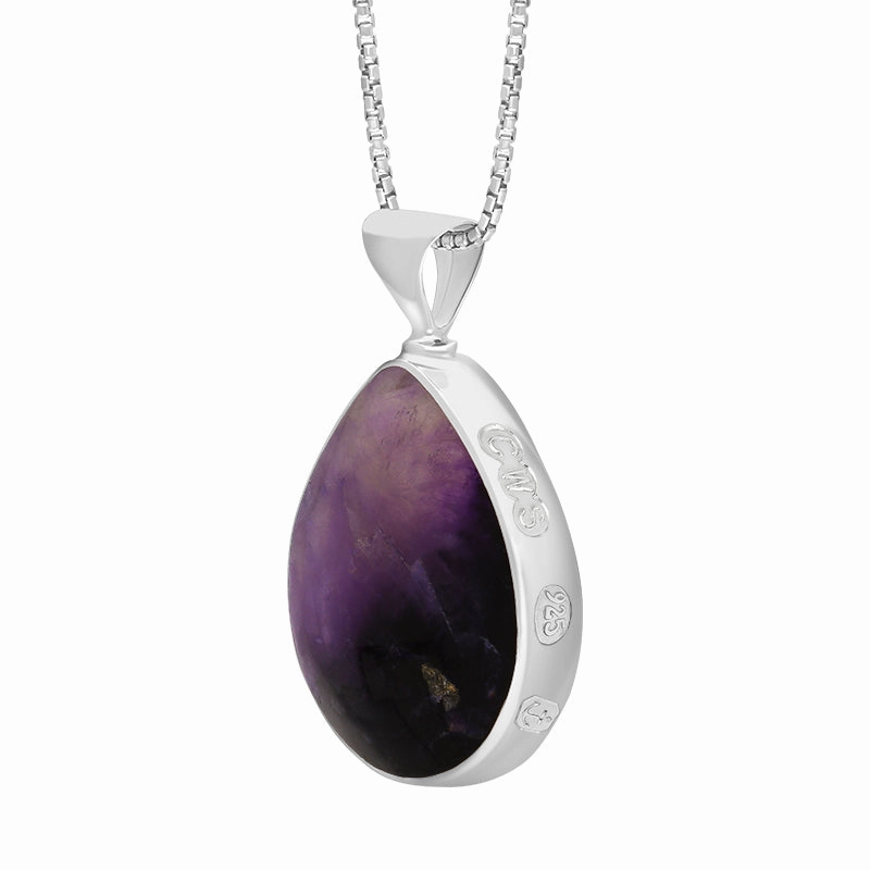 Sterling Silver Blue John Mother of Pearl King's Coronation Hallmark Double Sided Pear-shaped Necklace D