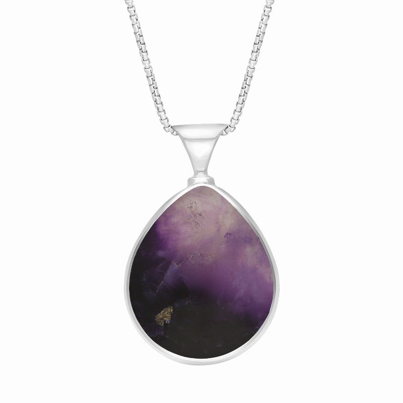 Sterling Silver Blue John Mother of Pearl King's Coronation Hallmark Double Sided Pear-shaped Necklace D