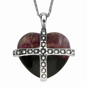 Sterling Silver Blue John Nineteen Pearl Large Cross Heart Necklace