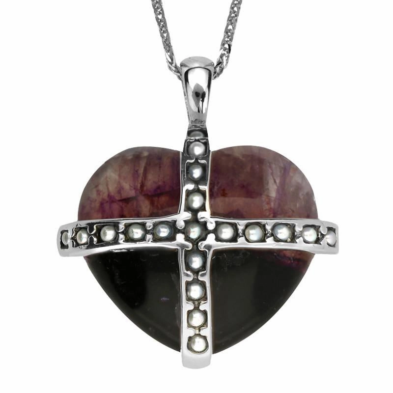 Sterling Silver Blue John Nineteen Pearl Large Cross Heart Necklace