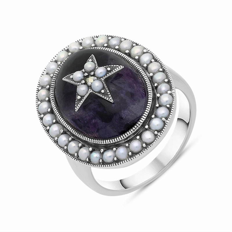 Sterling Silver Blue John Pearl Framed Large Oval Flower Ring