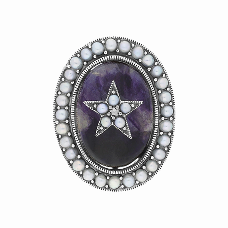 Sterling Silver Blue John Pearl Framed Large Oval Flower Ring