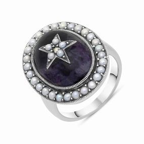 Sterling Silver Blue John Pearl Framed Large Oval Flower Ring