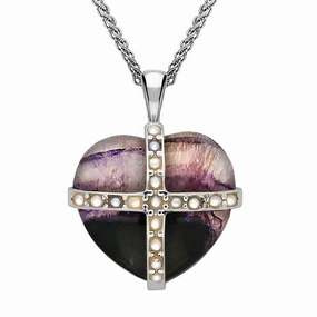 Sterling Silver Blue John Seventeen Pearl Medium Cross Heart Necklace
