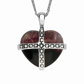 Sterling Silver Blue John Seventeen Pearl Small Cross Heart Necklace